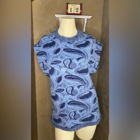 Zara Jacquard Blue Fuzzy Eyelash Knit Sweater Vest size Small - Picture 2 of 10